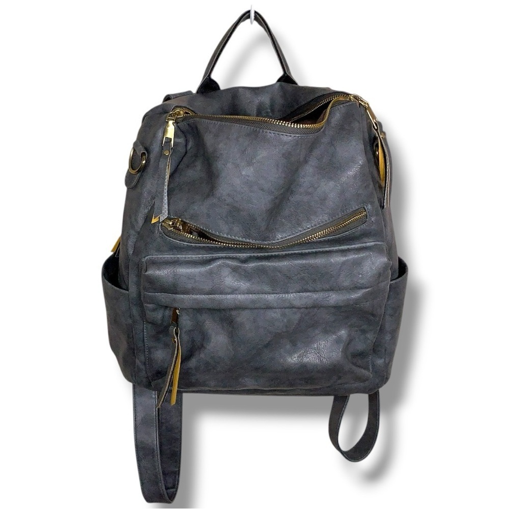 Grey Faux Leather Backpack
Pockets Vegan Travel School